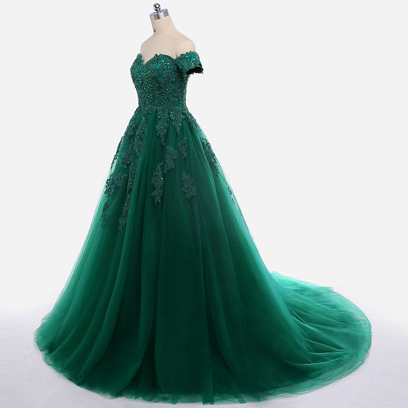 Vestido sexy de encaje verde oscuro con apliques, manga corta, para fiesta de graduación de 15 años, cola capilla personalizada, para dulces 16 años, Y610