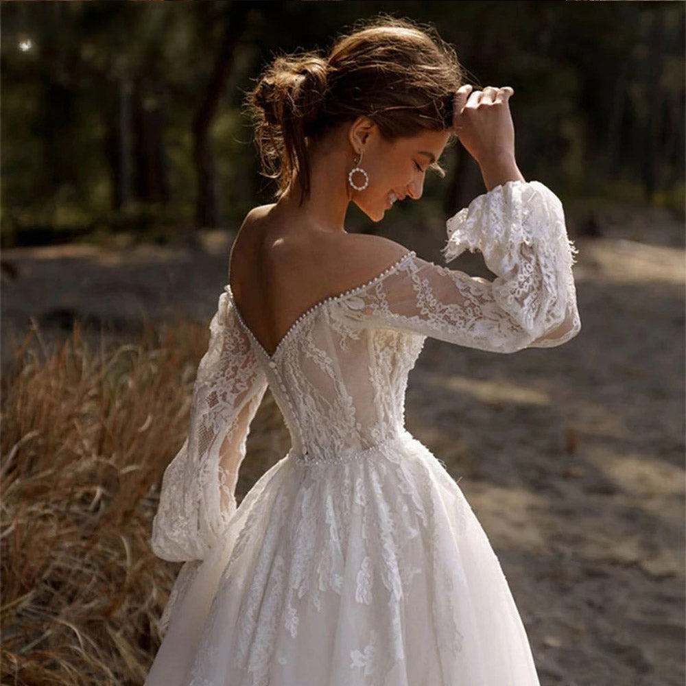 Off The Shoulder Wedding Dress Lace Applique Sweetheart Bridal Gown Puff Long Sleeves свадебное платье Vestido De Novia-payinti