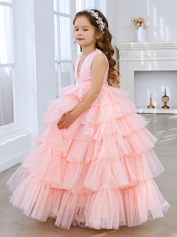 Vestido de fiesta/princesa rosa perla sin mangas con lazo de tul para niña de las flores