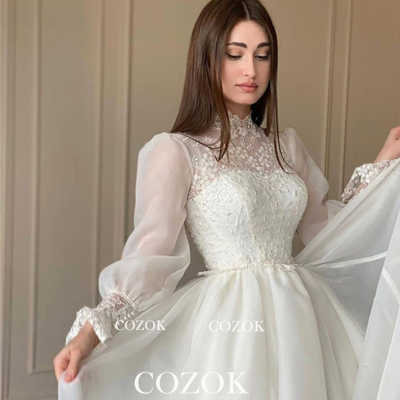 Modest Organza A Line Appliques Lace Wedding Dress Puff Long Sleeves High Neck Bridal Gowns Robe De Mariage Custom TG001-payinti