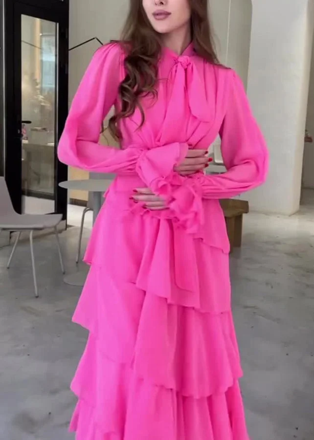 Modisches Chiffon-Langarm-Ballkleid mit Rüschen, elegantes Party-Abendkleid Y7617