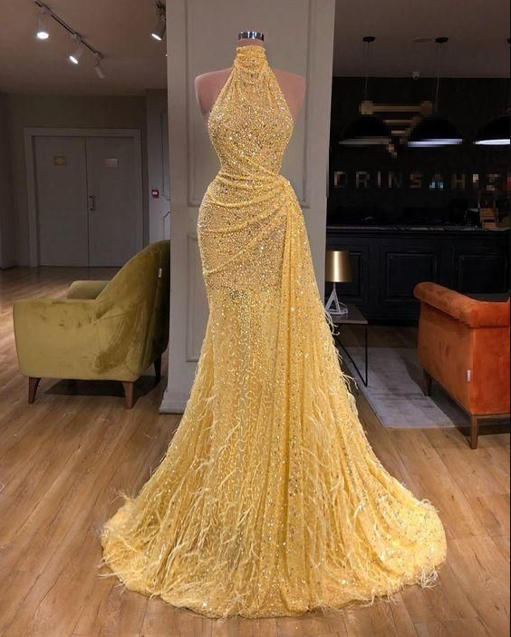 Glitzerndes gelbes Abendkleid mit hohem Halsausschnitt und ärmellosen Pailletten, Meerjungfrau-Abschlussball-Partykleid Y7712