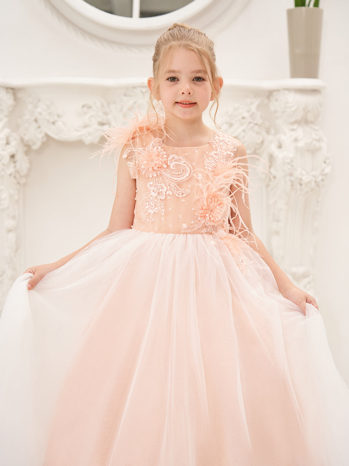 Ball-Gown/Princess Tulle Sweep Train Pink Flower Girl Dress