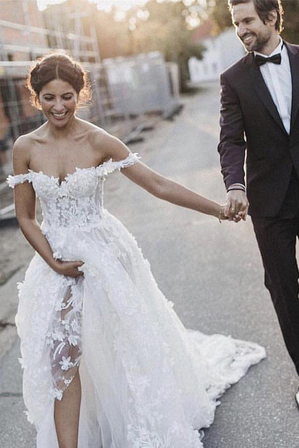 Elegante vestido de novia de tul blanco con hombros descubiertos y apliques WD337