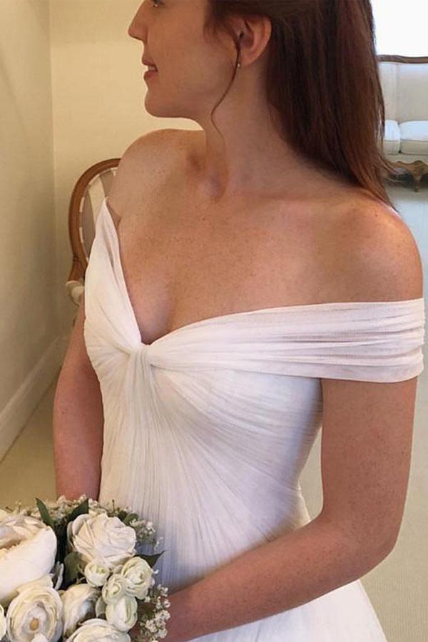 Elegant A-line Off the Shoulder Tulle Ivory Long Wedding Dresses WD326