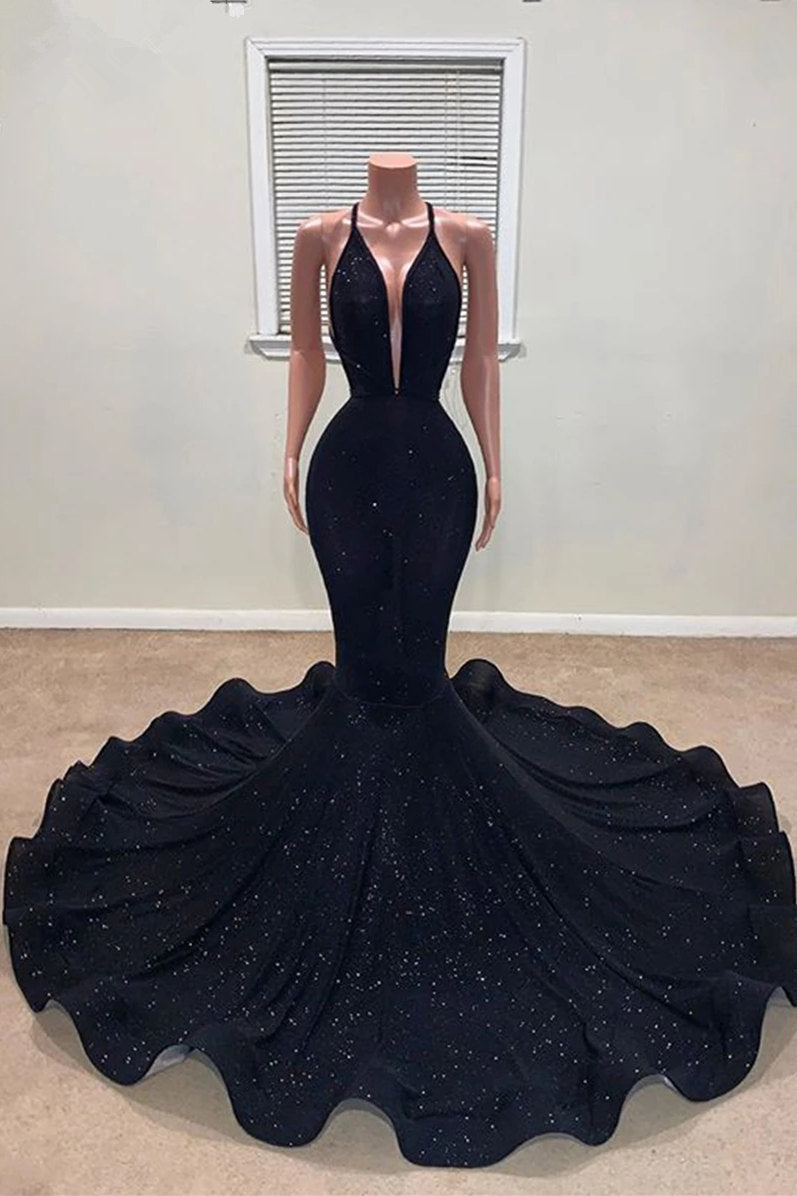 Elegante vestido de fiesta negro con escote en V, tirantes finos, sin mangas y corte sirena hasta el suelo