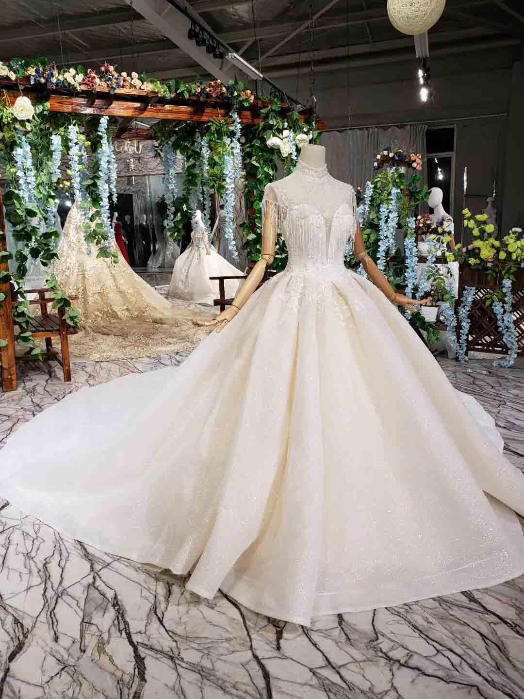 Elegant Cap Sleeves Ball Gown Beading High Neck Wedding Dress WD378