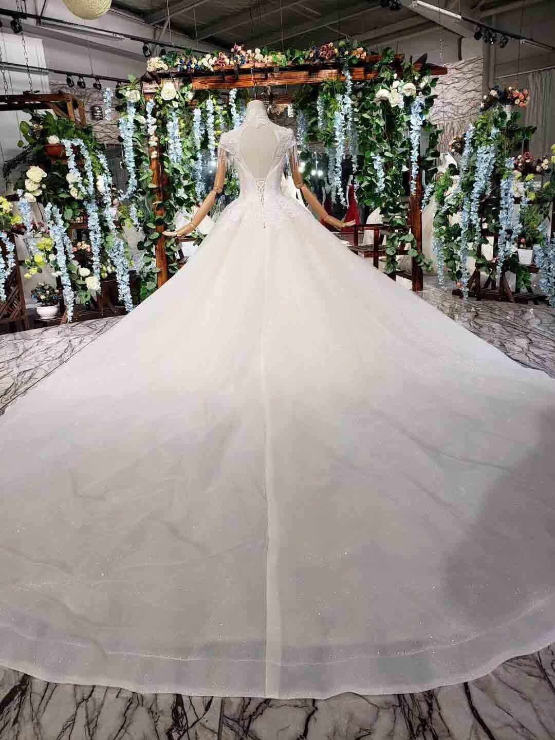 Elegant Cap Sleeves Ball Gown Beading High Neck Wedding Dress WD378