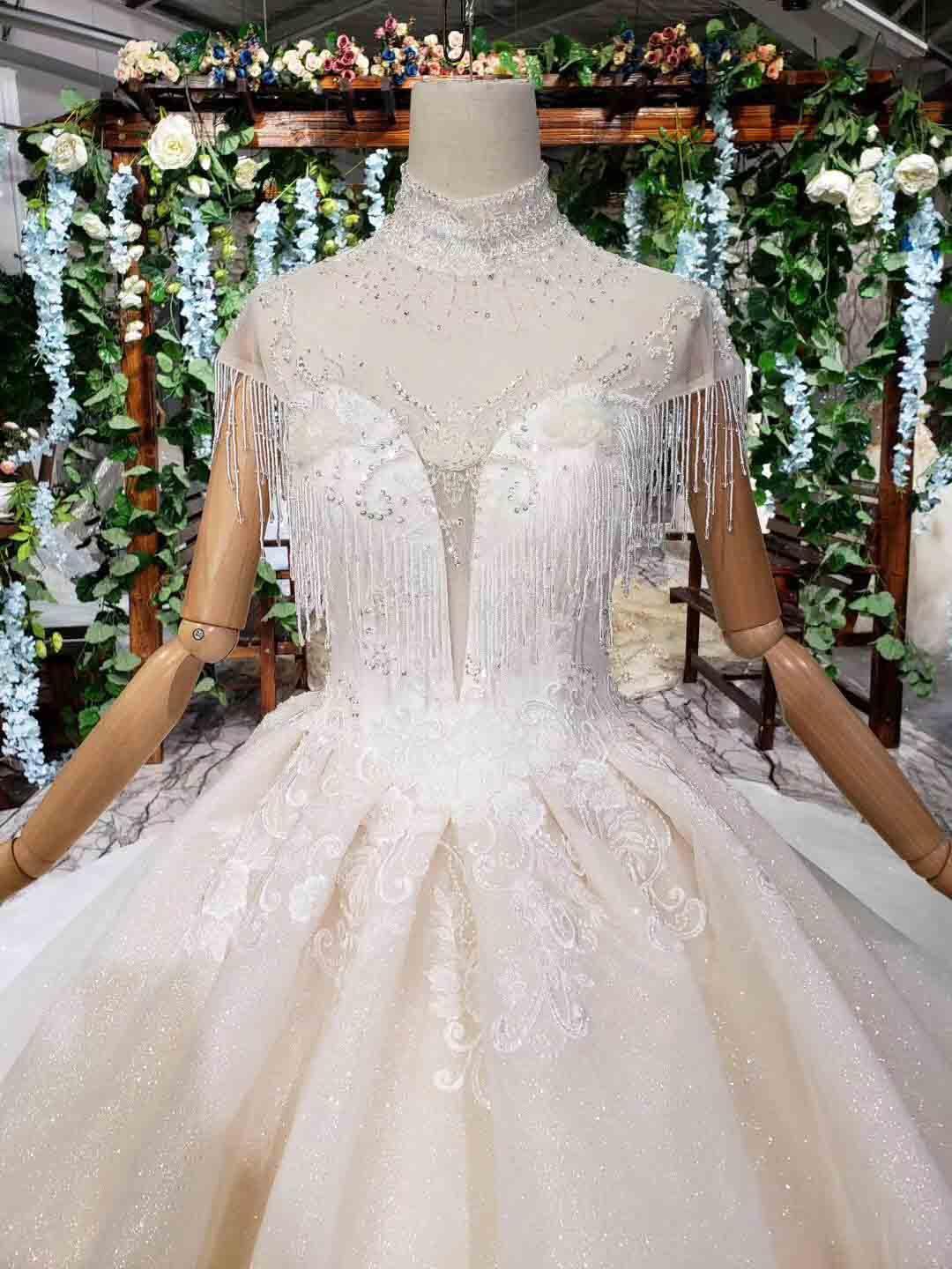 Elegant Cap Sleeves Ball Gown Beading High Neck Wedding Dress WD378