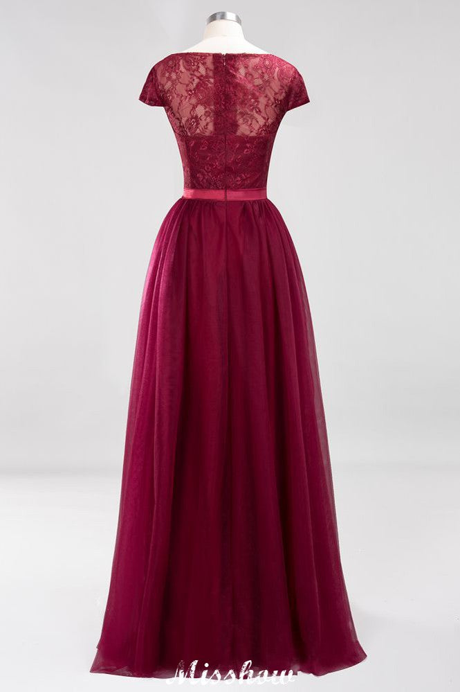 Elegante vestido de noche con mangas cortas y estampado floral, corte en A, con apliques de tul para dama de honor