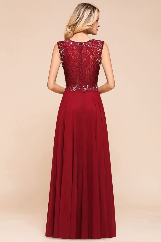 Elegantes Abendkleid mit Rundhalsausschnitt und A-Linien-Ausschnitt und Perlenstickerei, ärmelloses bodenlanges Partykleid aus Spitze