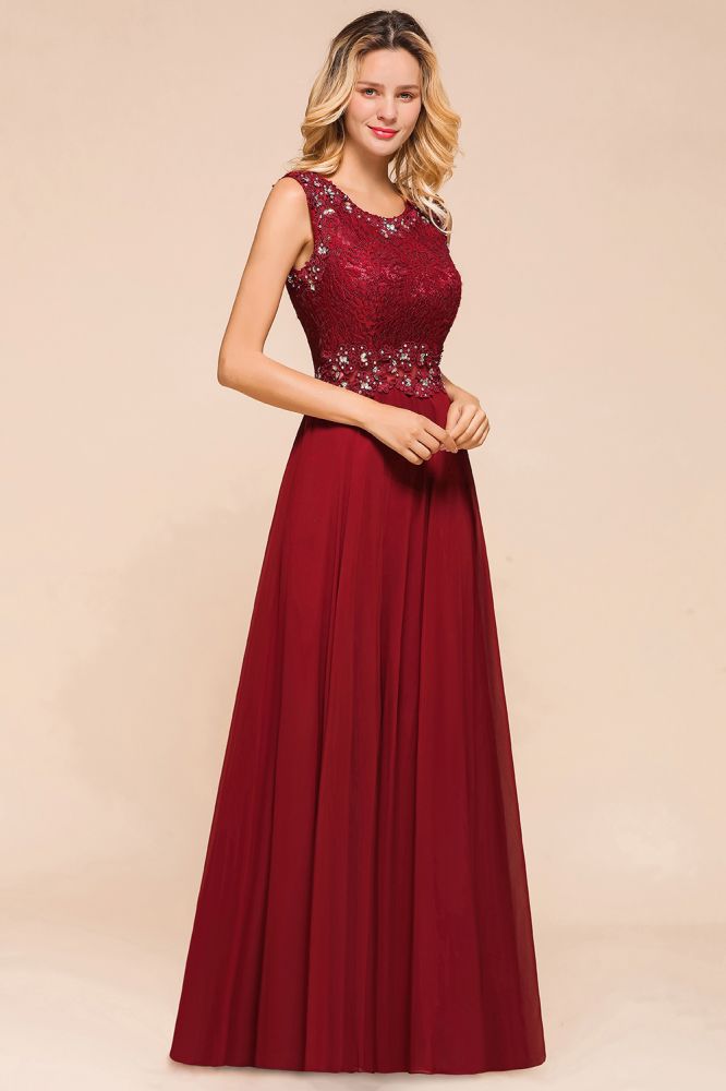 Elegantes Abendkleid mit Rundhalsausschnitt und A-Linien-Ausschnitt und Perlenstickerei, ärmelloses bodenlanges Partykleid aus Spitze
