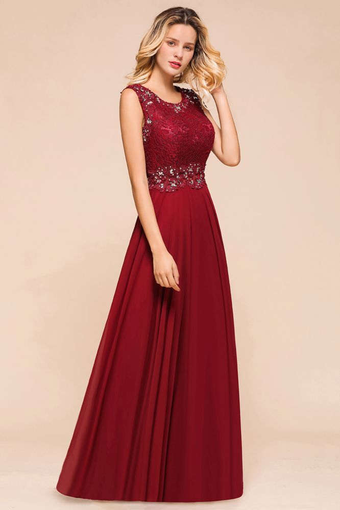Elegantes Abendkleid mit Rundhalsausschnitt und A-Linien-Ausschnitt und Perlenstickerei, ärmelloses bodenlanges Partykleid aus Spitze