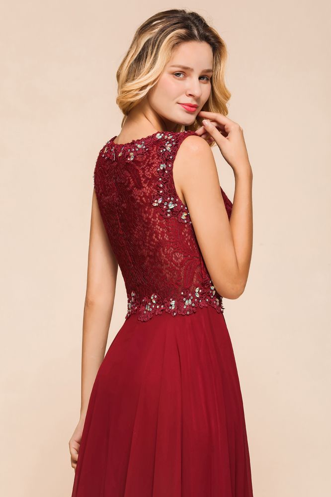 Elegantes Abendkleid mit Rundhalsausschnitt und A-Linien-Ausschnitt und Perlenstickerei, ärmelloses bodenlanges Partykleid aus Spitze