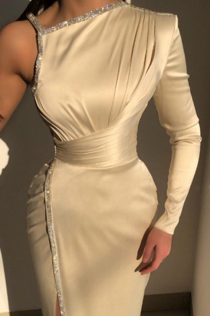 Elegantes Elfenbeinfarbenes One-Shoulder-Langarm-Etui-Ballkleid mit Pailletten