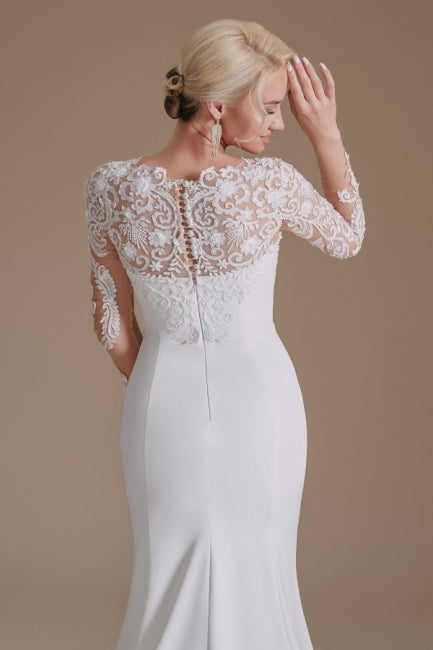 Elegant Jewel Long-Sleeve Mermaid Floor-Length Satin Wedding Dresses with Pattern