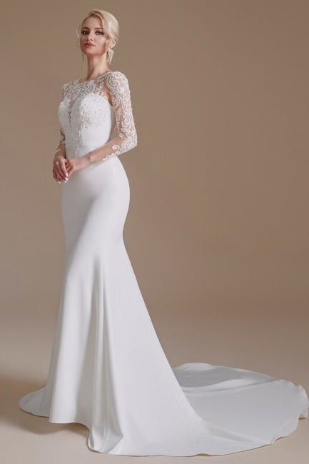 Elegant Jewel Long-Sleeve Mermaid Floor-Length Satin Wedding Dresses with Pattern