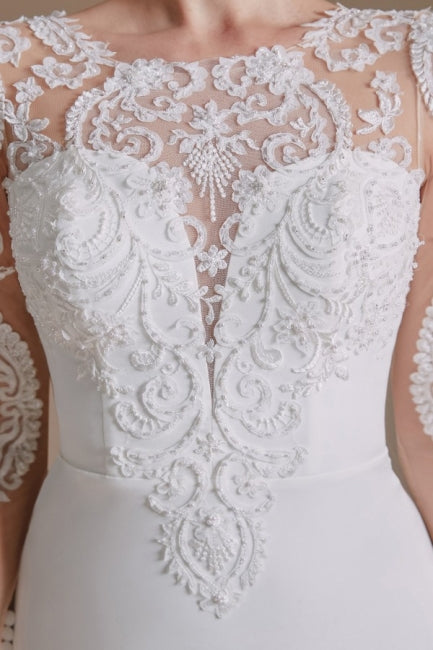 Elegant Jewel Long-Sleeve Mermaid Floor-Length Satin Wedding Dresses with Pattern