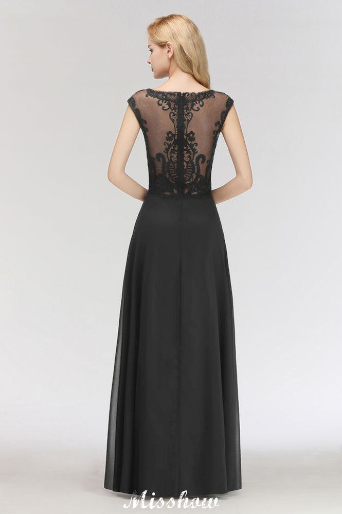 Elegante Jewel mangas até o chão A-line renda vestido de dama de honra preto