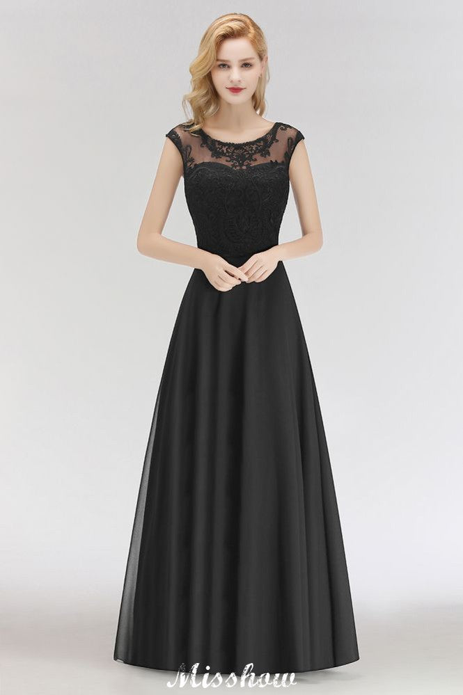 Elegante Jewel mangas até o chão A-line renda vestido de dama de honra preto