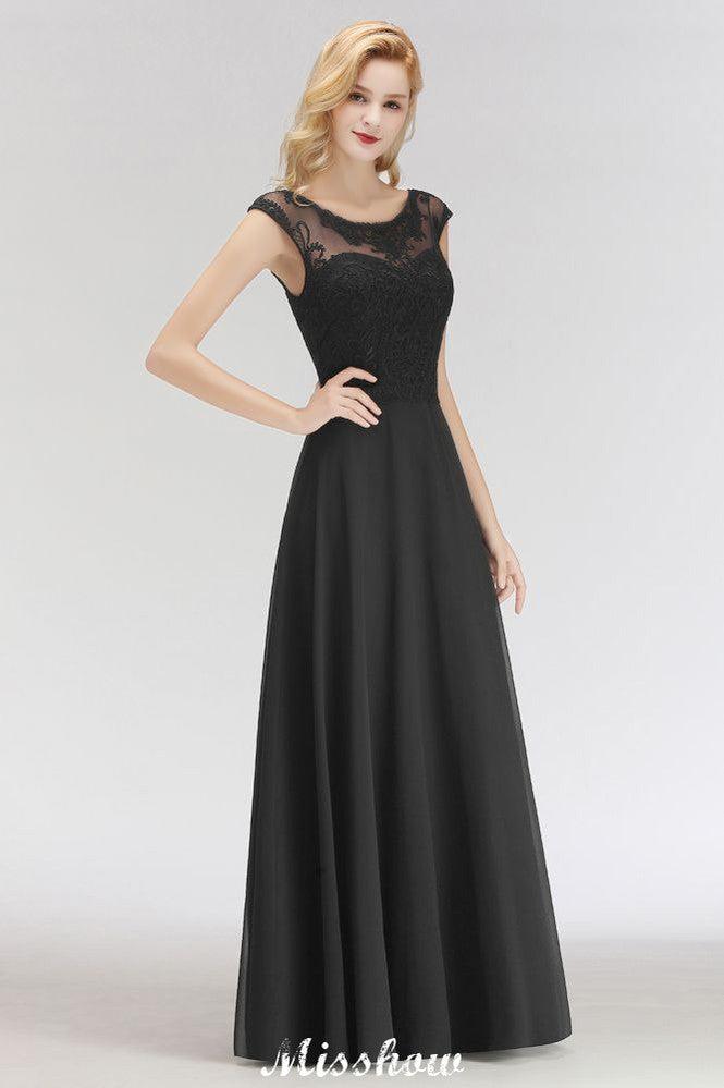 Elegante Jewel mangas até o chão A-line renda vestido de dama de honra preto