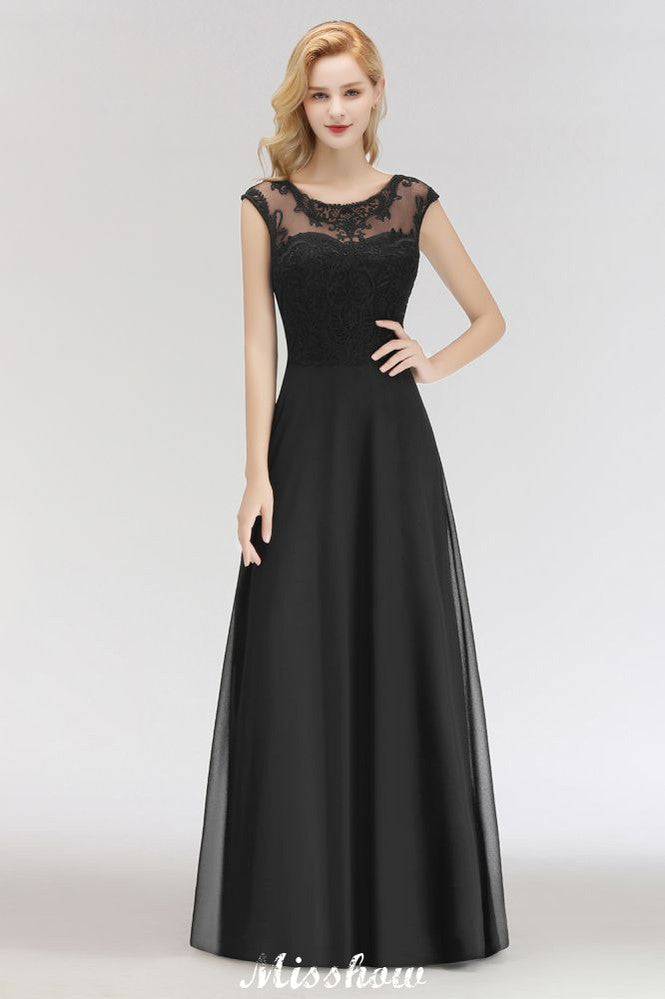 Elegante Jewel mangas até o chão A-line renda vestido de dama de honra preto