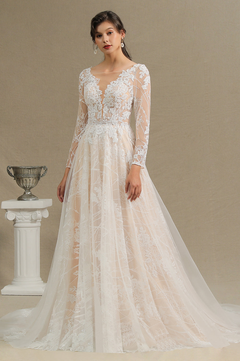 Elegant Lace Deep V-neck Wedding Dress Long Sleeve Floor Length Bridal Gowns