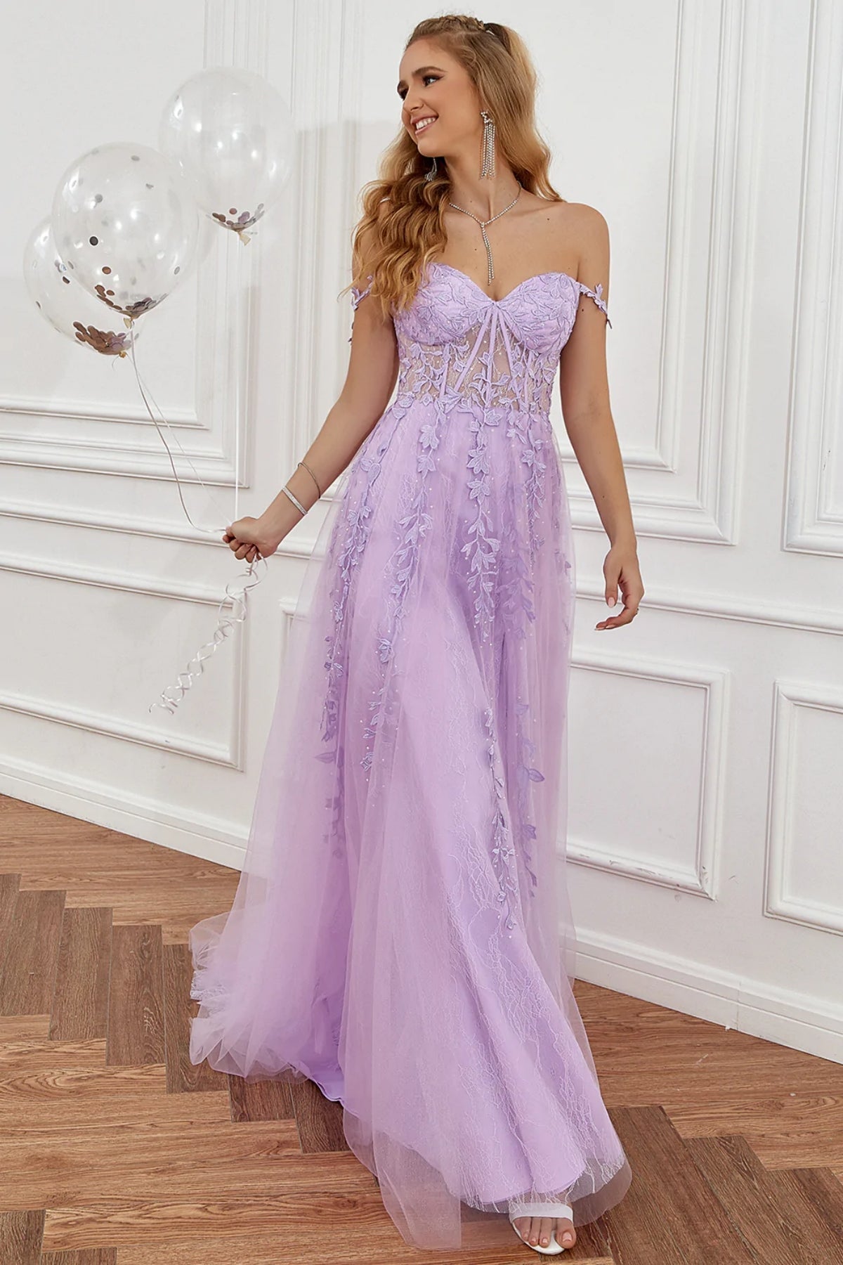 Elegant Long A-line Off The Shoulder Lace Tulle Formal Graduation Prom Dresses with Slit