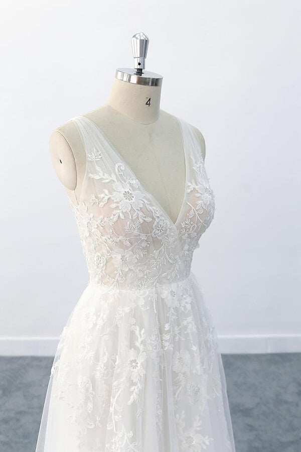 Elegant Long A-line V-neck Appliques Tulle Backless Wedding Dress