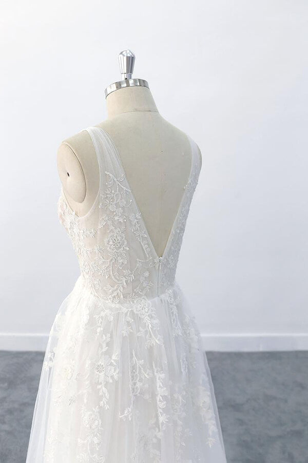 Elegant Long A-line V-neck Appliques Tulle Backless Wedding Dress