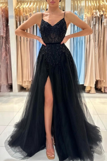 Elegantes langes schwarzes A-Linien-Ballkleid mit Pailletten und Spitze