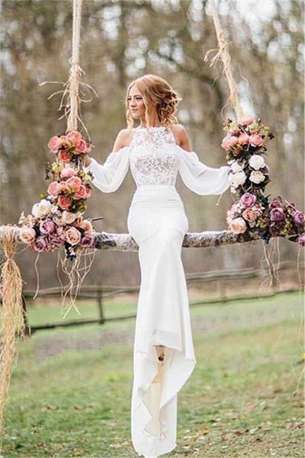Elegant Long Mermaid Lace Chiffon Wedding Dress with Sleeves
