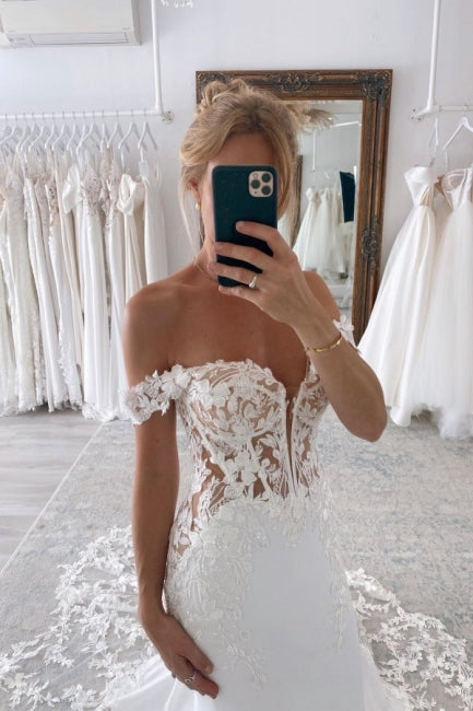 Elegante Lange Meerjungfrau Off-the-Shoulder Brautkleider Mit Spitze