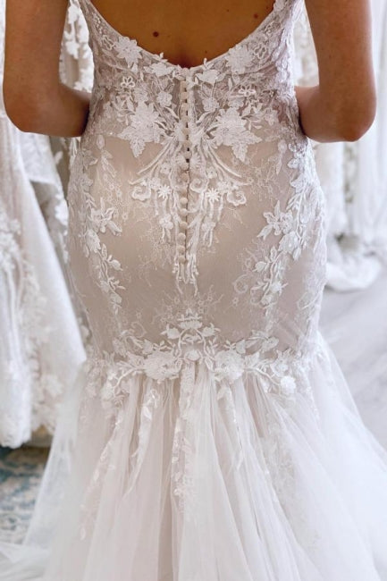 Elegante Lange Meerjungfrau V-Ausschnitt Ärmellose Brautkleider Mit Spitze