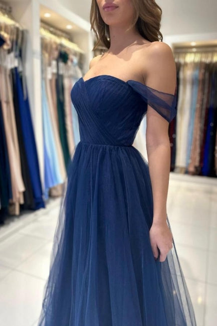 Elegantes, langes, schulterfreies, ärmelloses A-Linien-Ballkleid in Marineblau