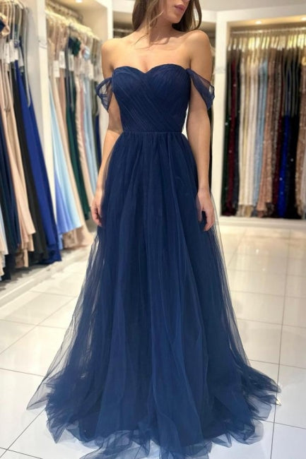 Elegant Long Navy Blue Off-the-shoulder A-line Sleeveless Prom Dresses