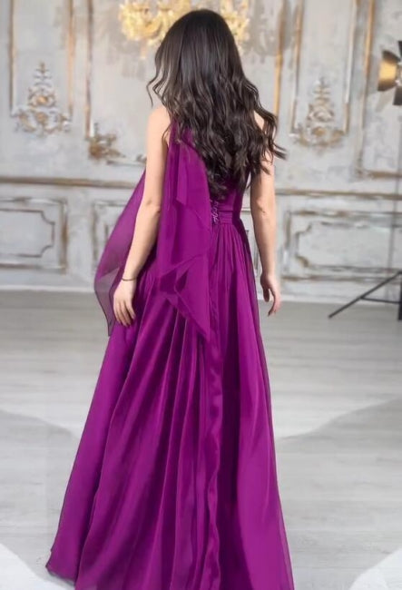 Elegantes langes lila A-Linien-Ballkleid ohne Träger mit Schnürung