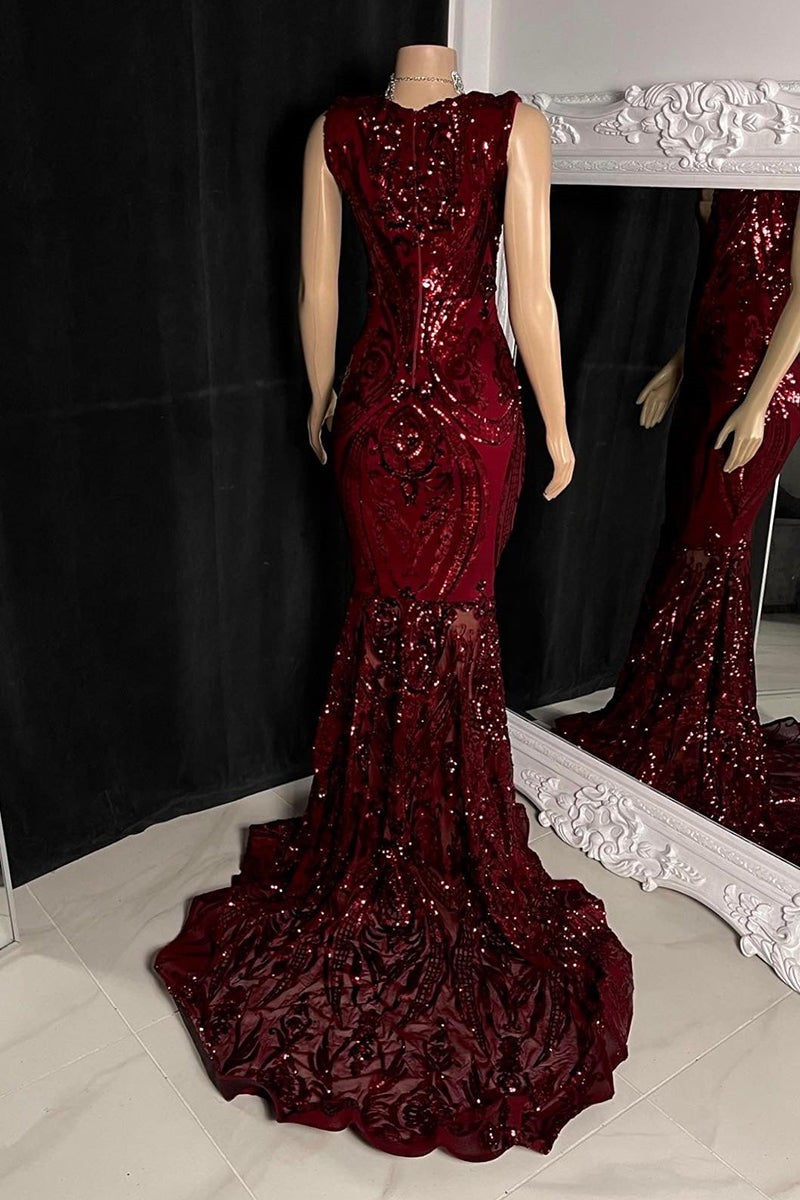 Elegantes langes rotes ärmelloses Meerjungfrau-Ballkleid mit Spitze