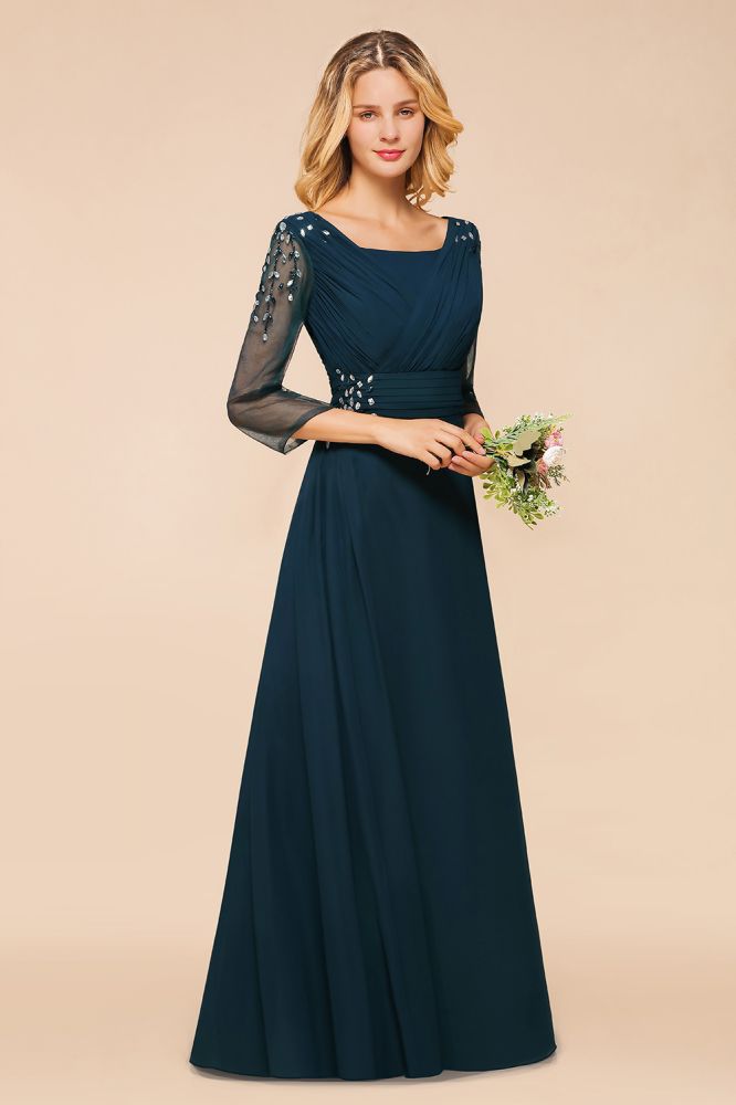 Elegantes Brautjungfernkleid mit langen Ärmeln und Kristallen in A-Linie, Maxi-Formalkleid