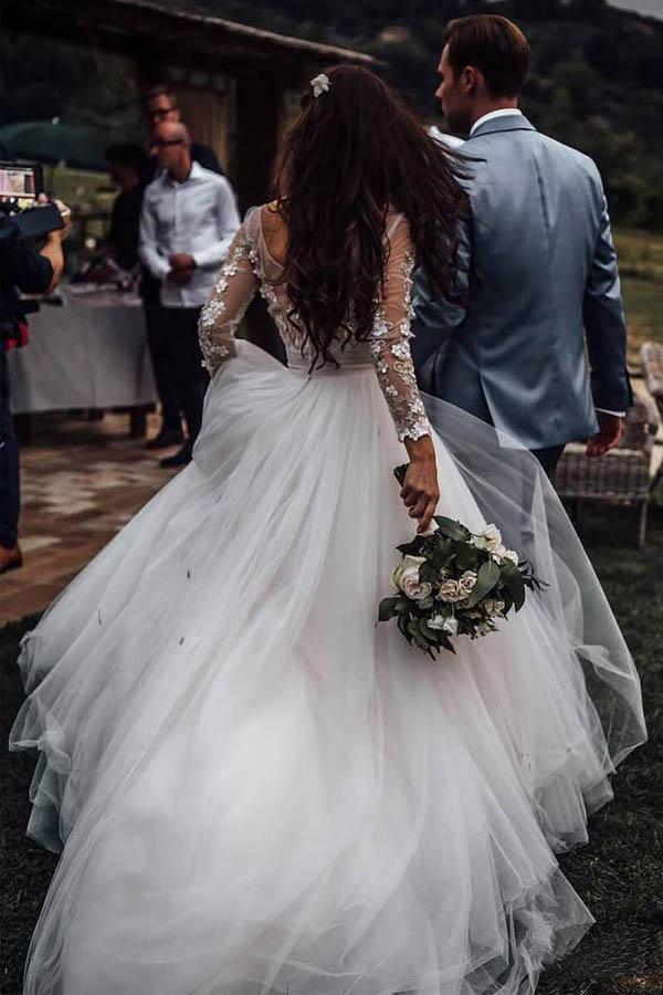 Elegant Long Sleeves Tulle Wedding Dresses Bridal Gowns With Lace Applique WD385
