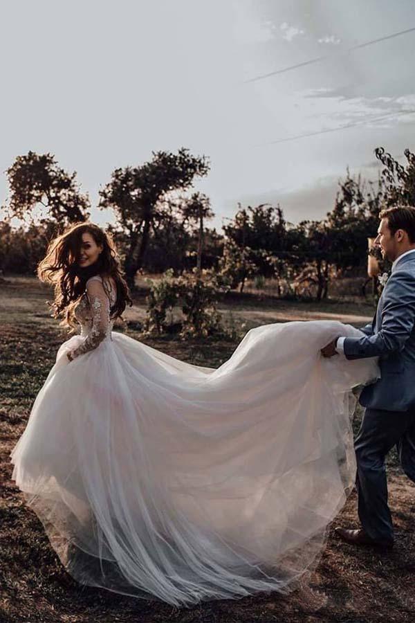 Elegant Long Sleeves Tulle Wedding Dresses Bridal Gowns With Lace Applique WD385