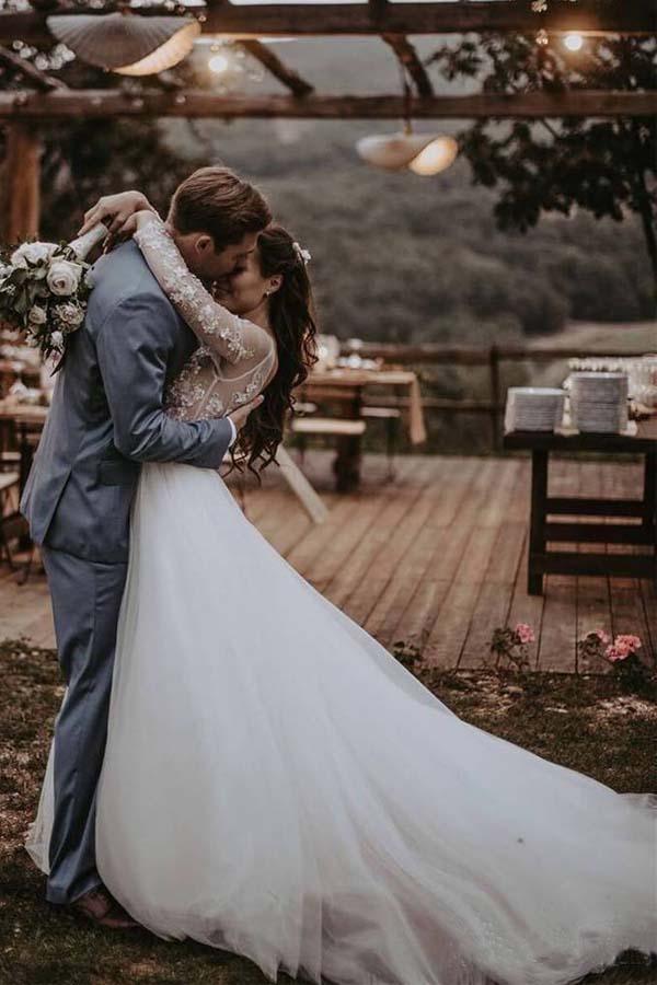Elegant Long Sleeves Tulle Wedding Dresses Bridal Gowns With Lace Applique WD385
