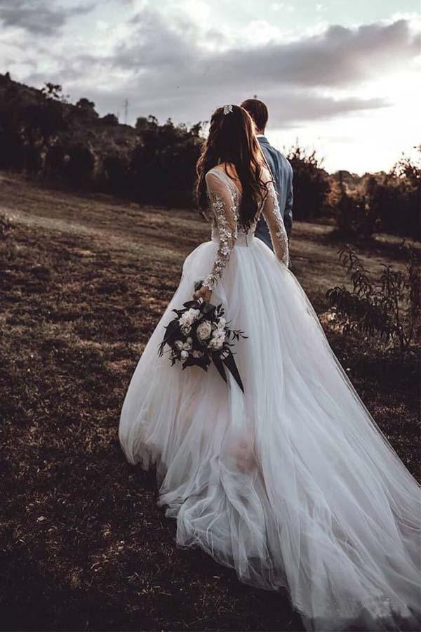 Elegant Long Sleeves Tulle Wedding Dresses Bridal Gowns With Lace Applique WD385