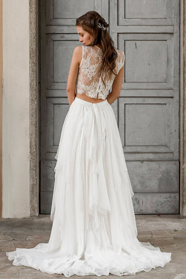 Elegante vestido de novia largo de dos piezas de gasa con encaje en forma de A
