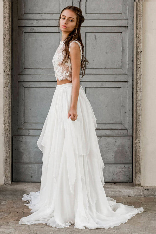 Elegante vestido de novia largo de dos piezas de gasa con encaje en forma de A