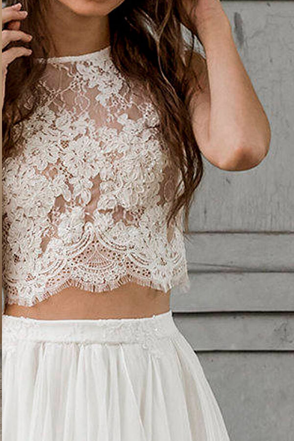 Elegante vestido de novia largo de dos piezas de gasa con encaje en forma de A