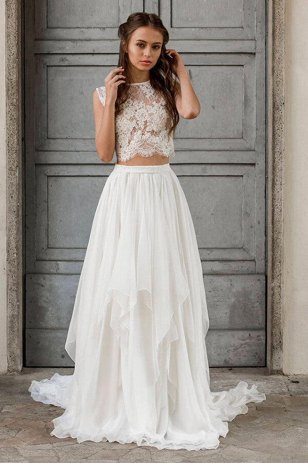 Elegante vestido de novia largo de dos piezas de gasa con encaje en forma de A