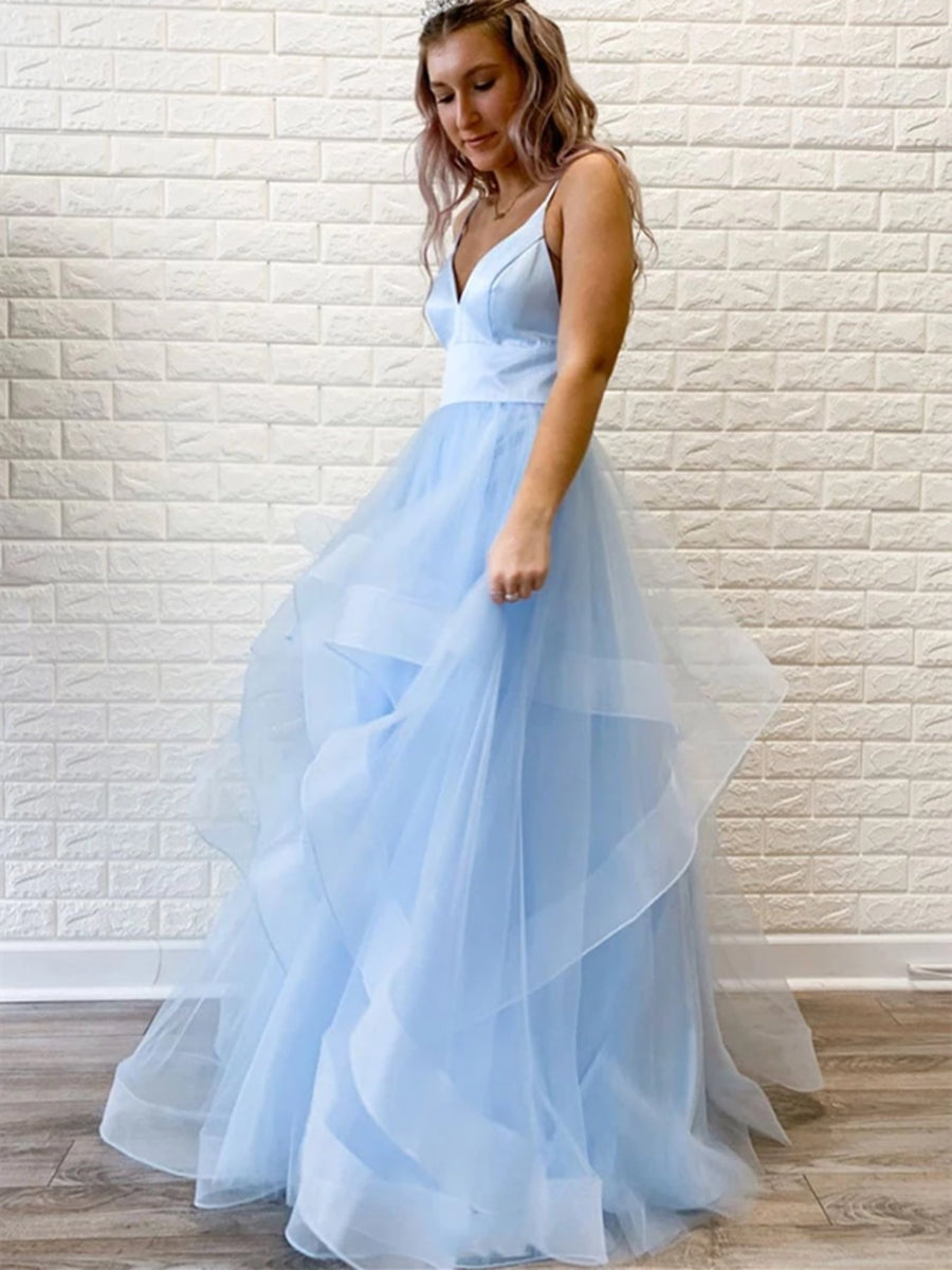 Elegante vestido de fiesta largo de princesa con escote en V y tirantes finos de organza abullonada