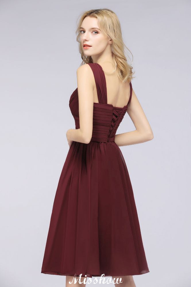 Elegant Ruffles Straps Short Prom Dresses | A-Line Sleeveless Knee Length Evening Dresses