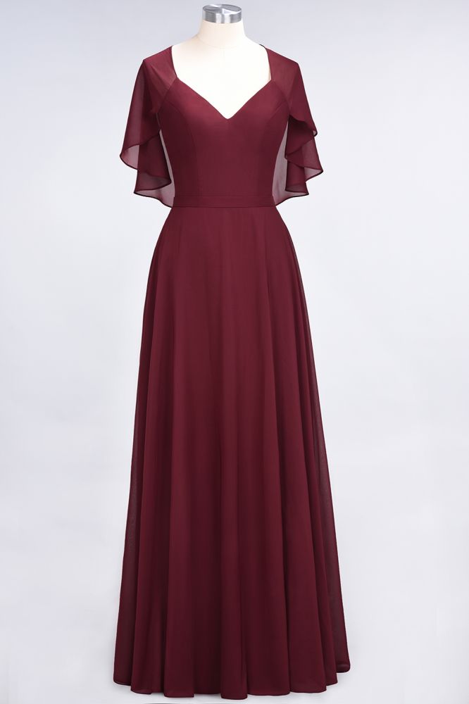 Elegant Satin V-Neck Short Sleeve Princess Bridesmaid Dress Ruffle Chiffon Wedding Guest Dress